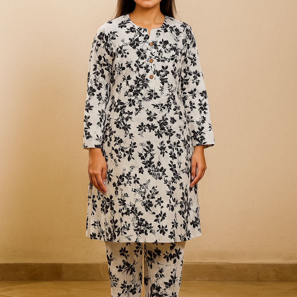 Linen Allover Digital Printed 2Pc Maxi Dress Free Size